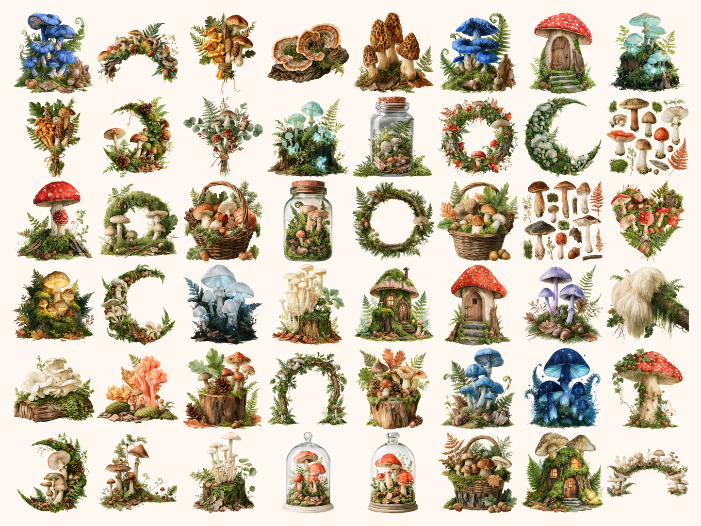 Mushroom Forest Watercolor Clipart