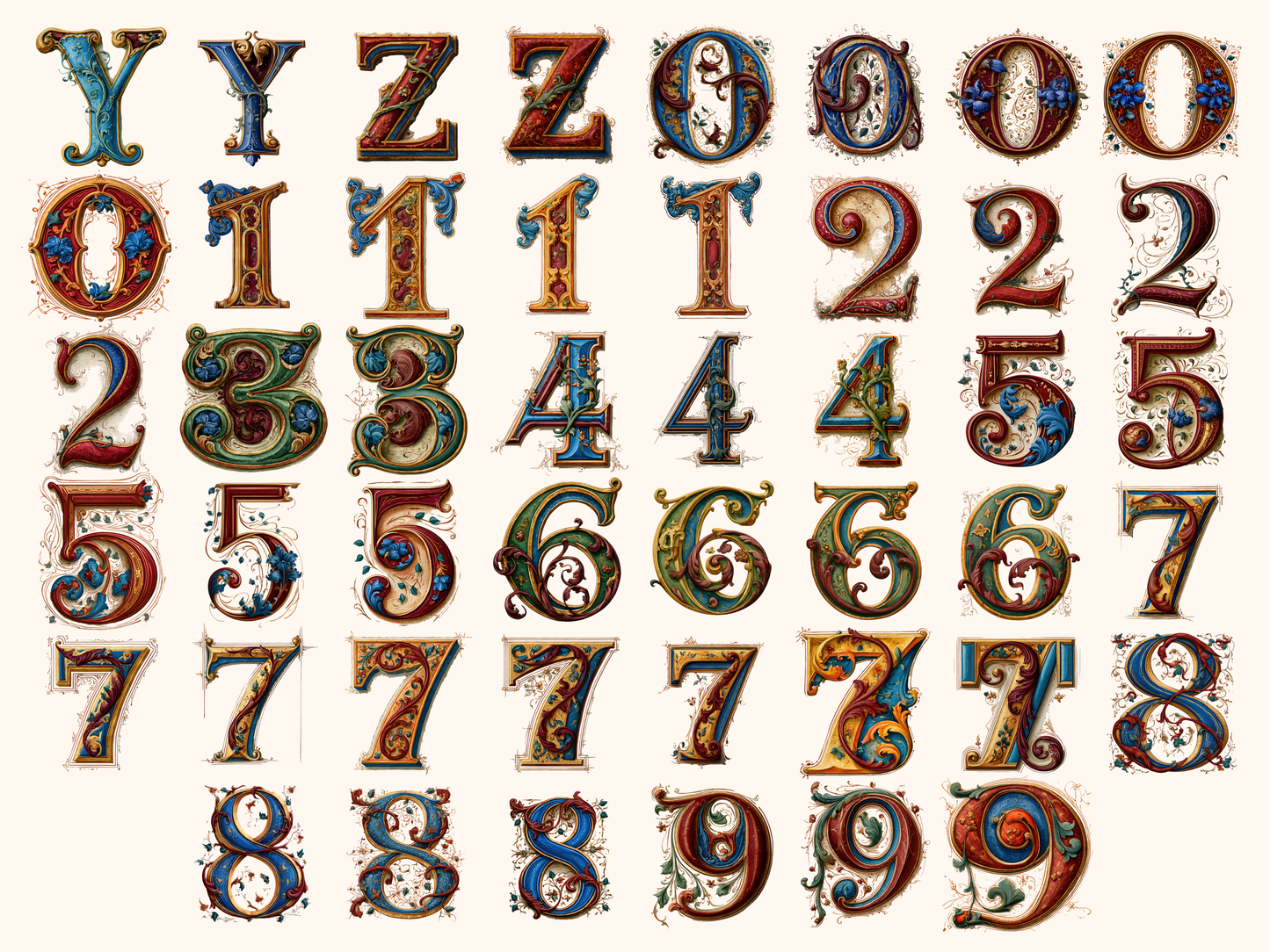 Medieval Illuminated Alphabet & Numbers