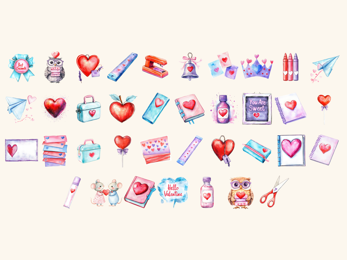 Classroom Valentine Watercolor Clipart