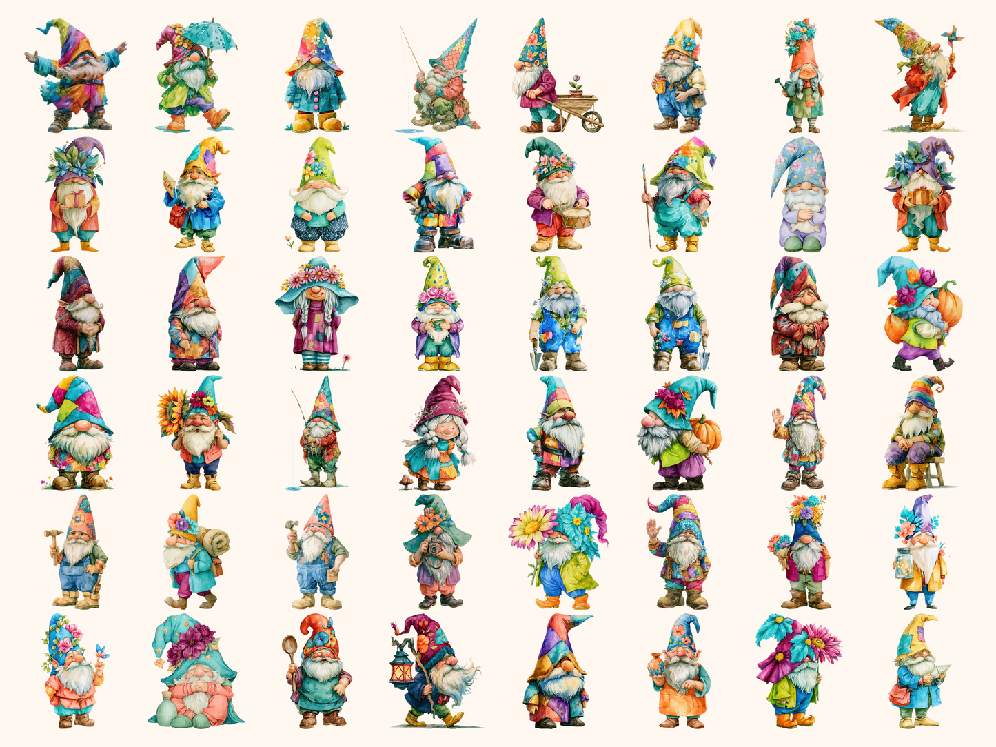 Colorful Gnomes Watercolor Clipart