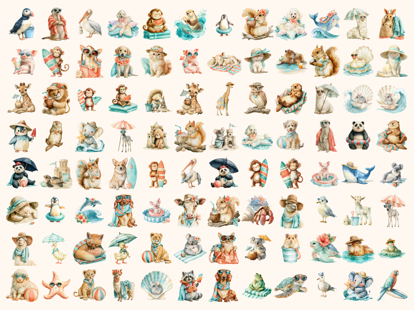 Beach Animals Watercolor Clipart