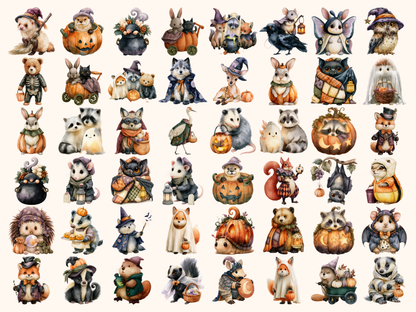Halloween Woodland Animals Watercolor Clipart