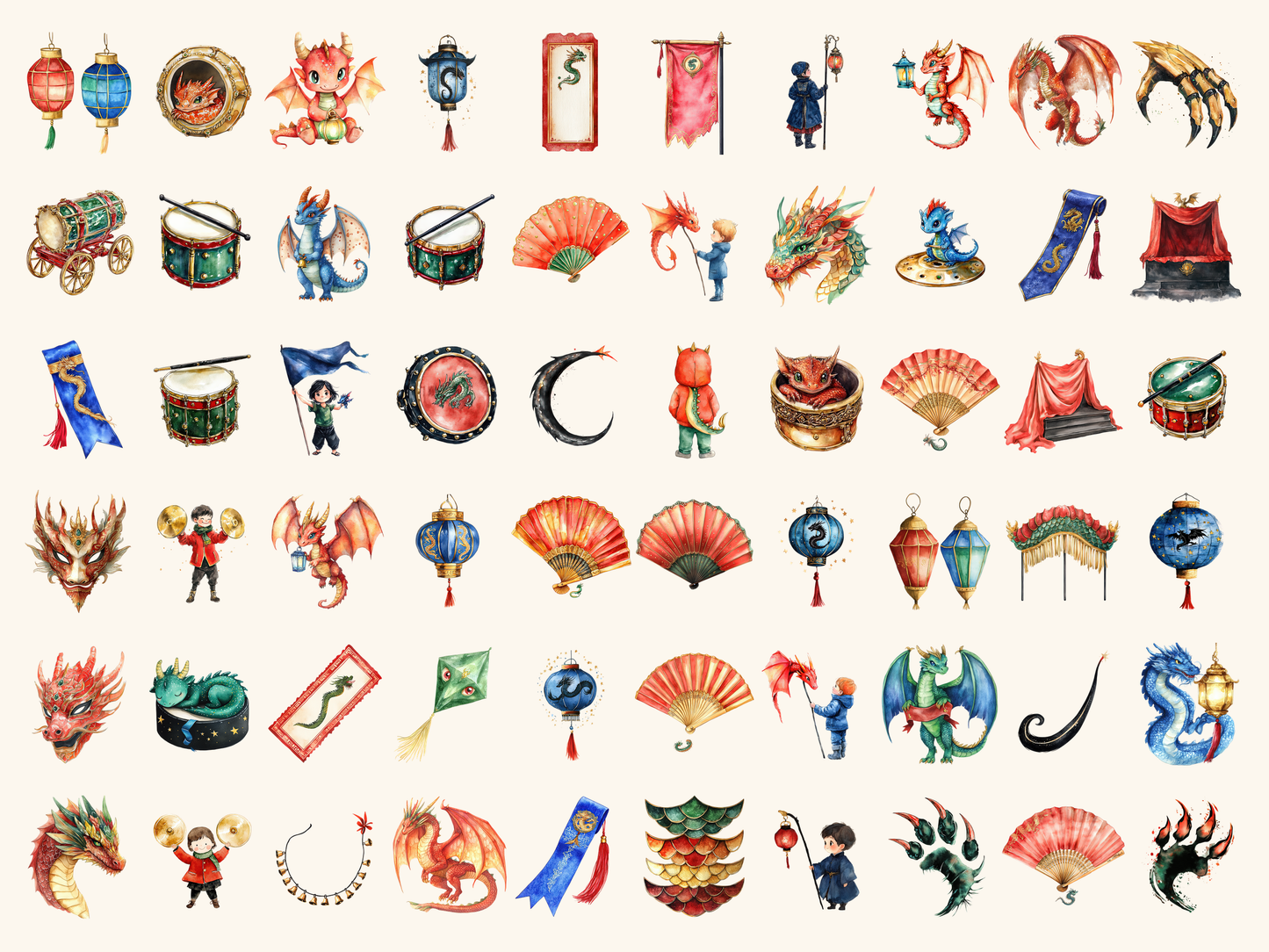 Dragon Parade Watercolor Clipart