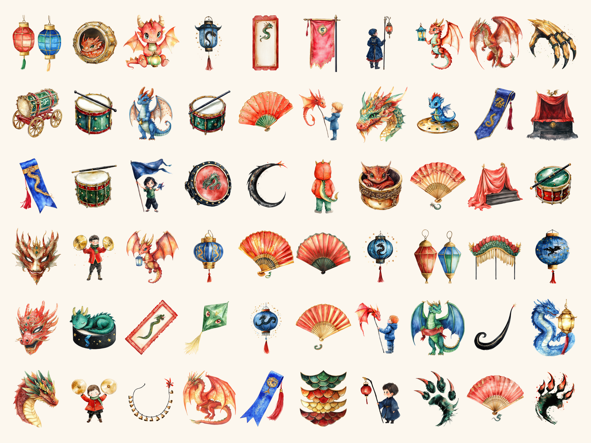 Dragon Parade Watercolor Clipart