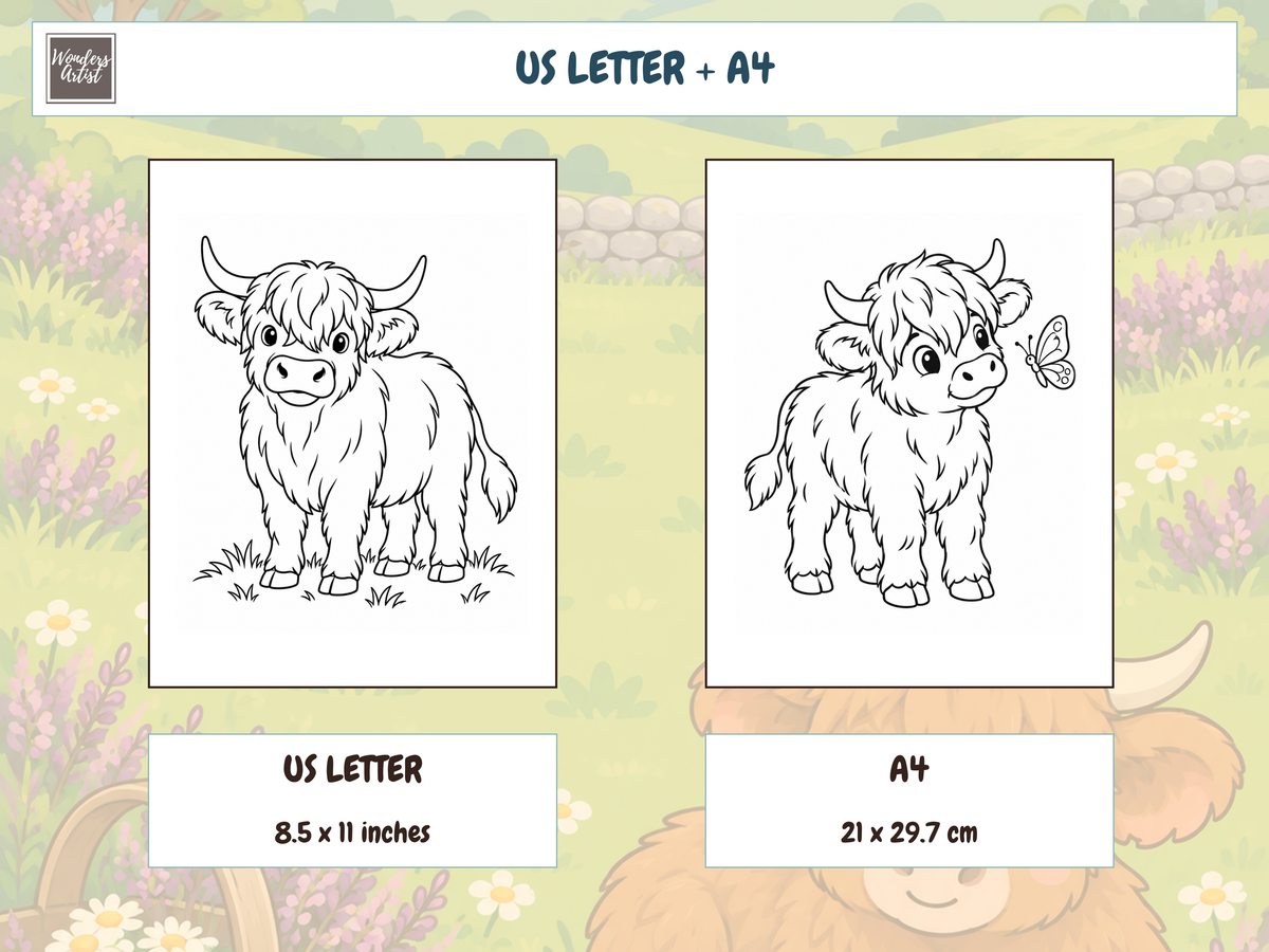 Highland Cows Coloring Book — PRINT SIZES