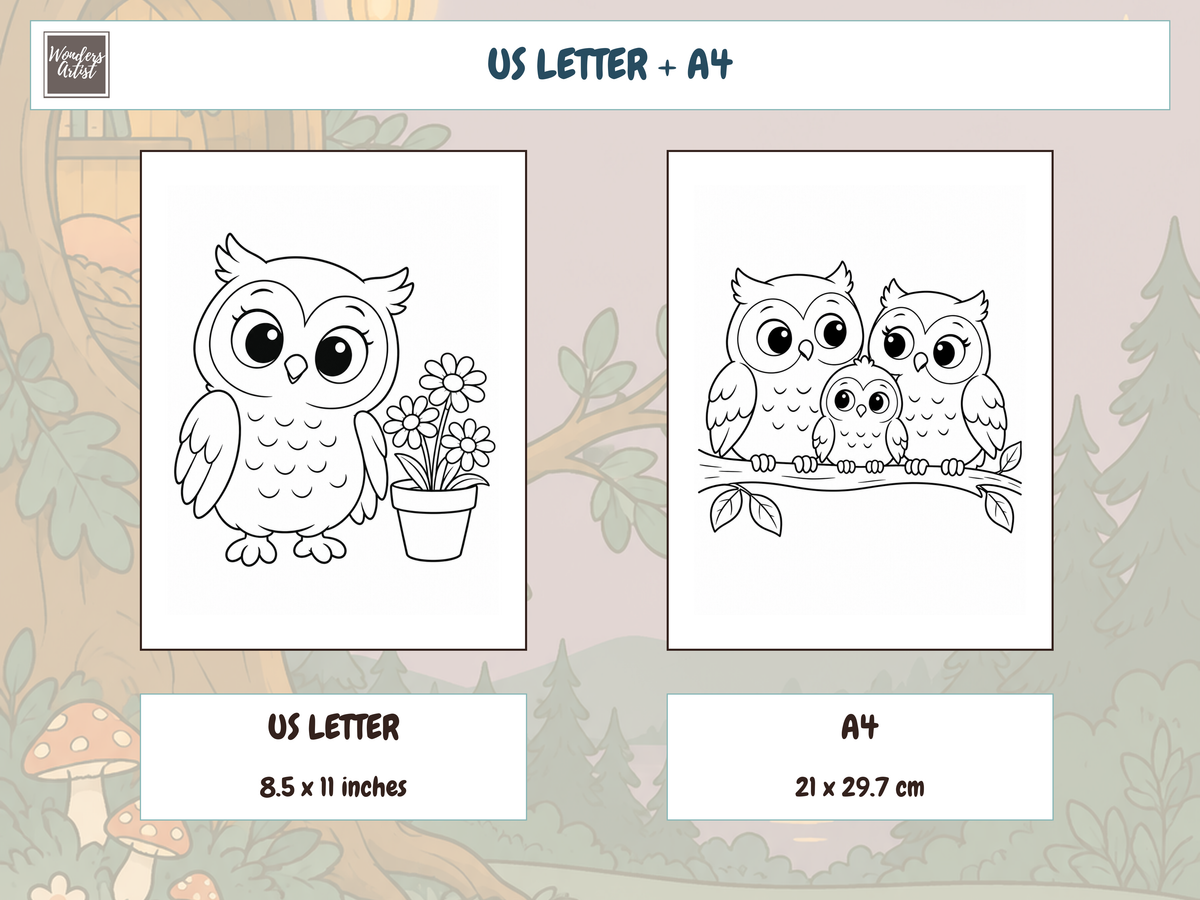 Owls Coloring Book — PRINT SIZES