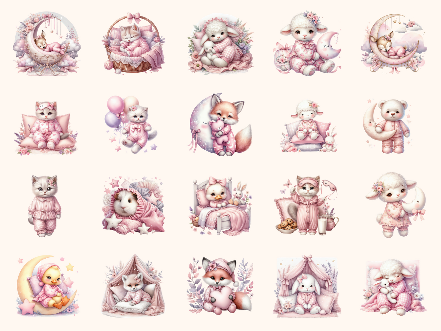 Pink Pajama Party Animals Clipart