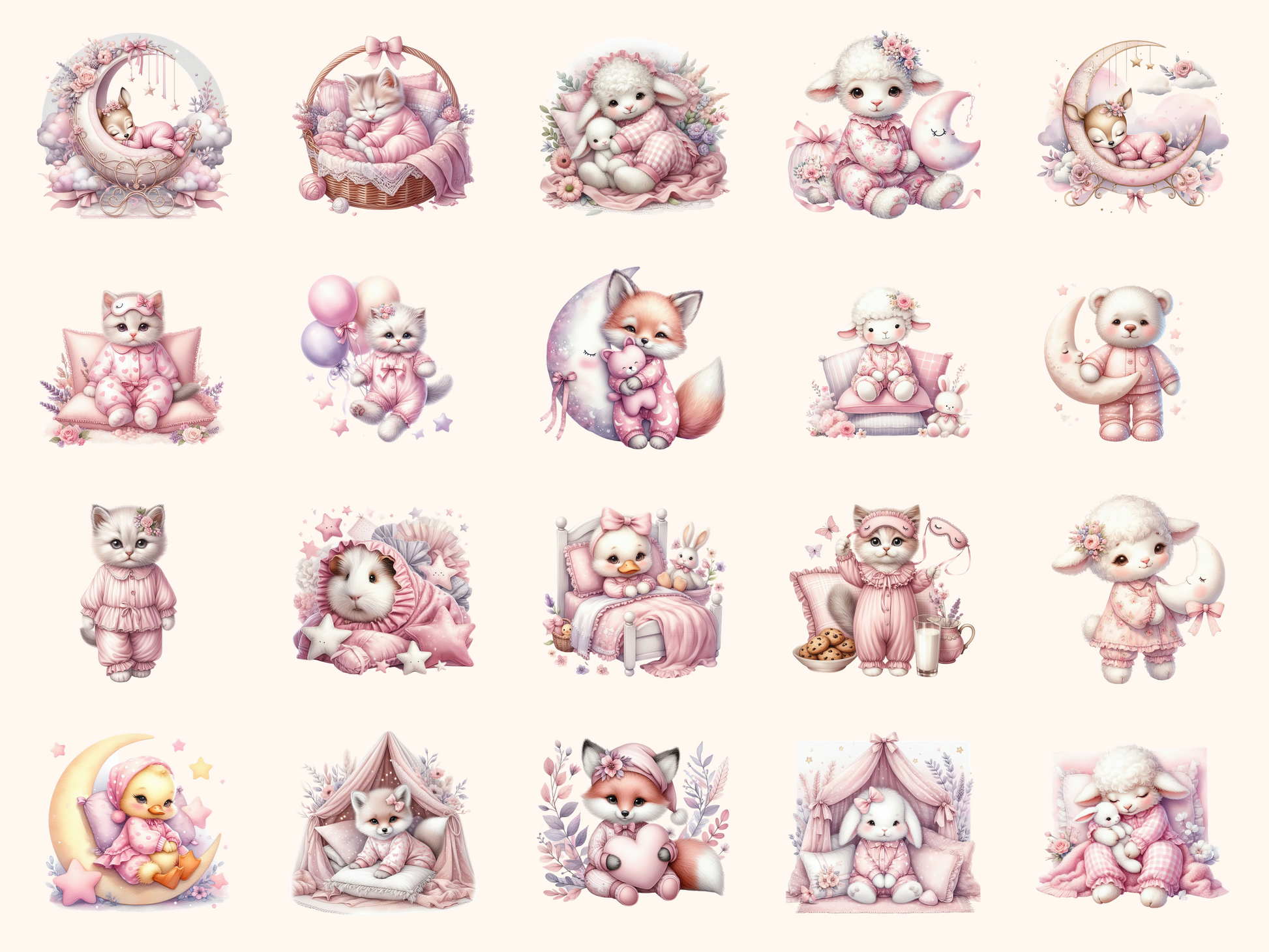 Pink Pajama Party Animals Clipart