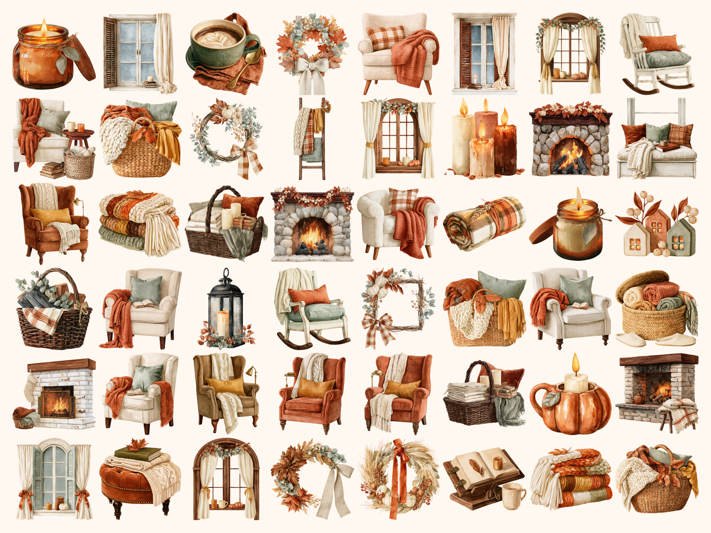 Cozy Fall Home Watercolor Clipart