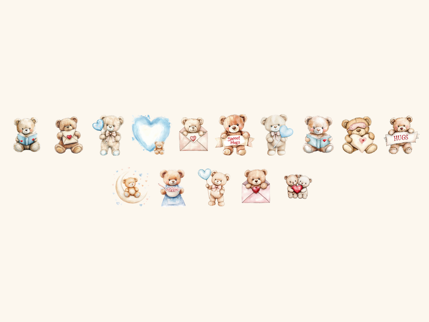 Teddy Hearts Watercolor Clipart