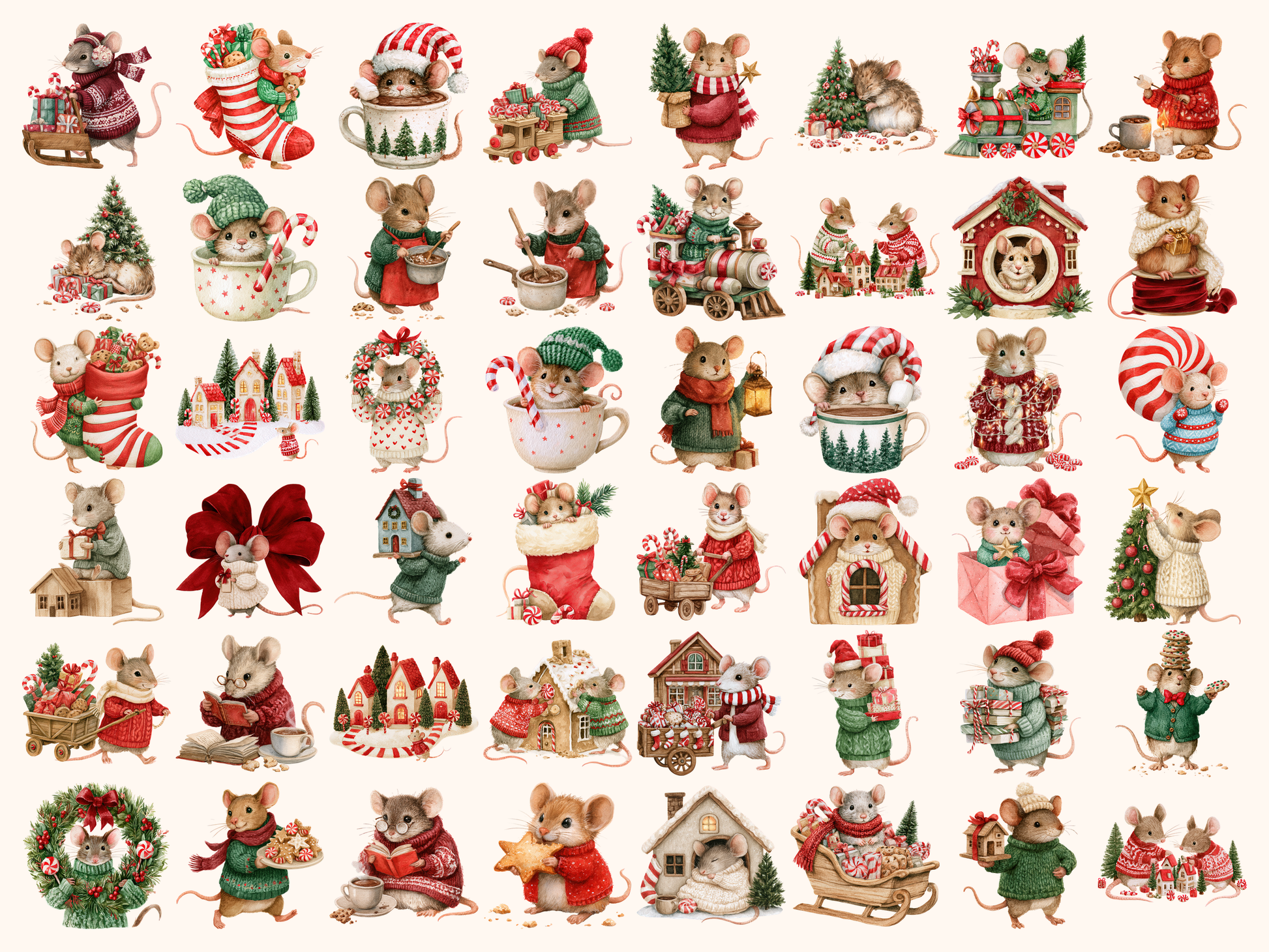 Merry Mouse Christmas Watercolor Clipart