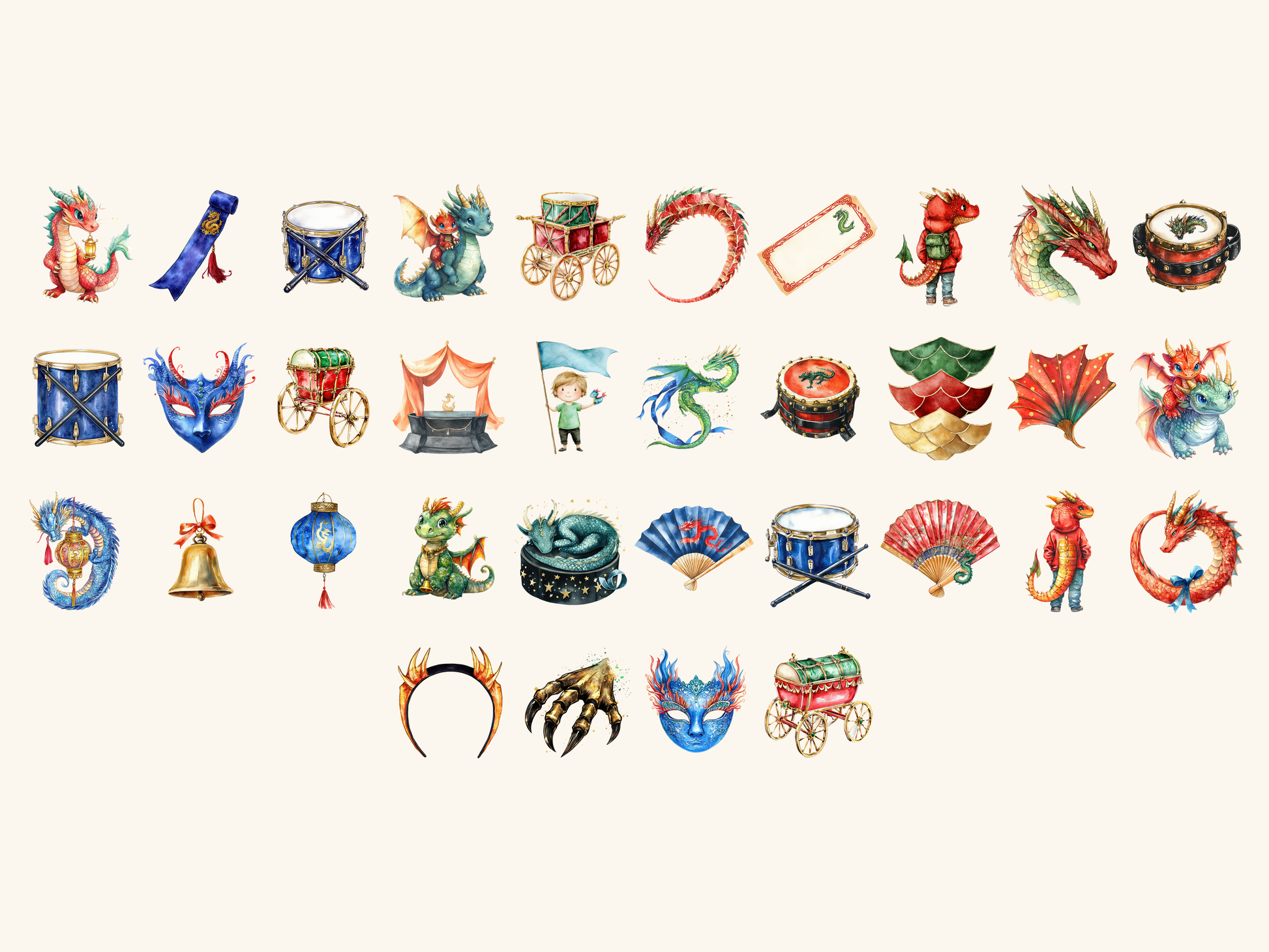 Dragon Parade Watercolor Clipart