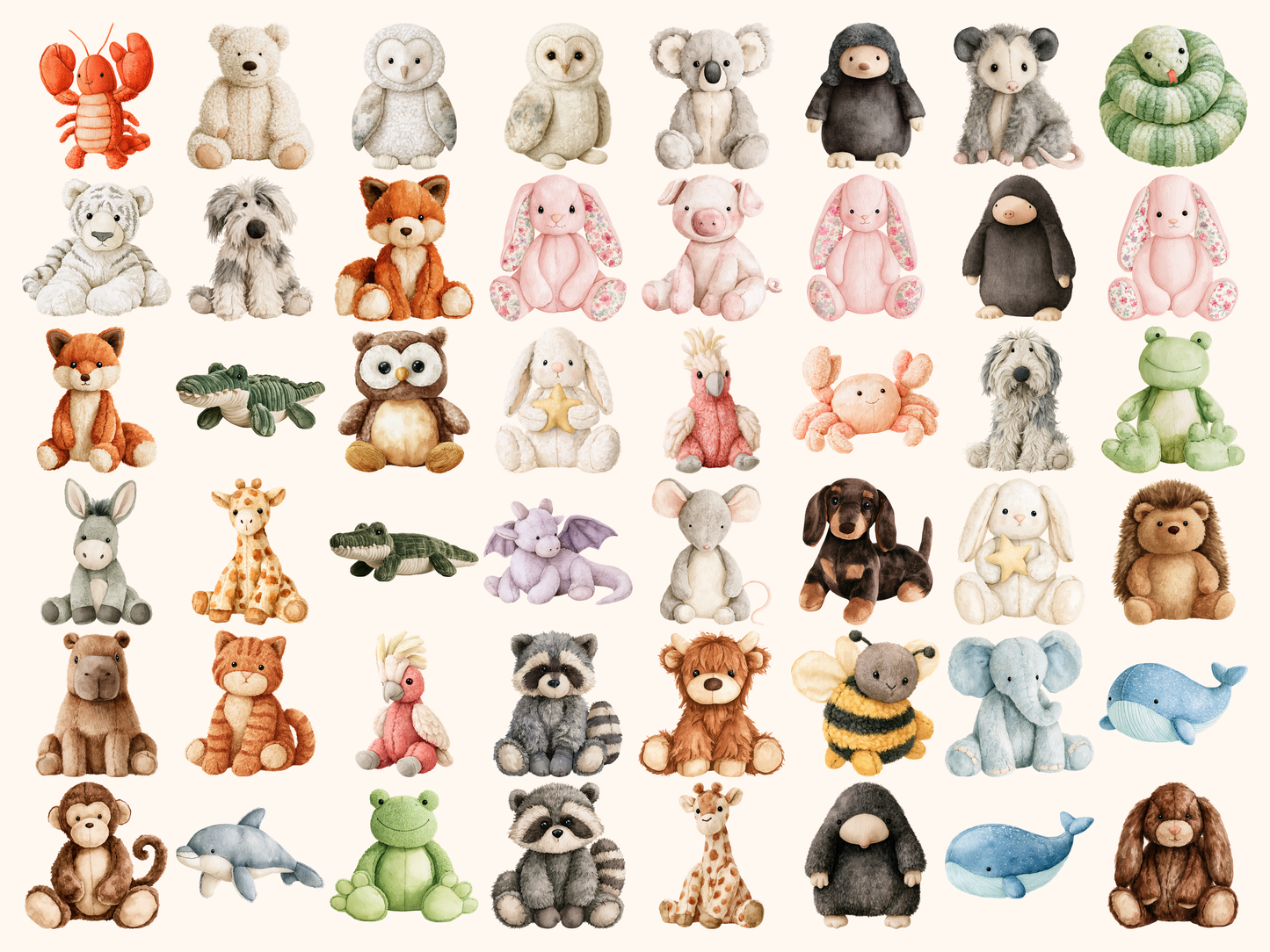 Plushie Animals Watercolor Clipart