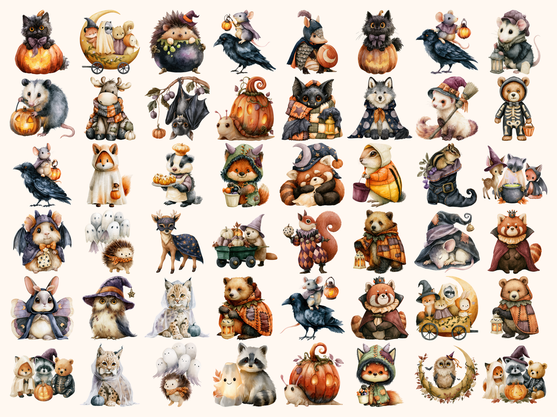 Halloween Woodland Animals Watercolor Clipart
