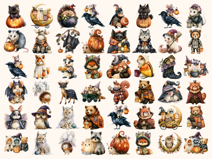 Halloween Woodland Animals Watercolor Clipart