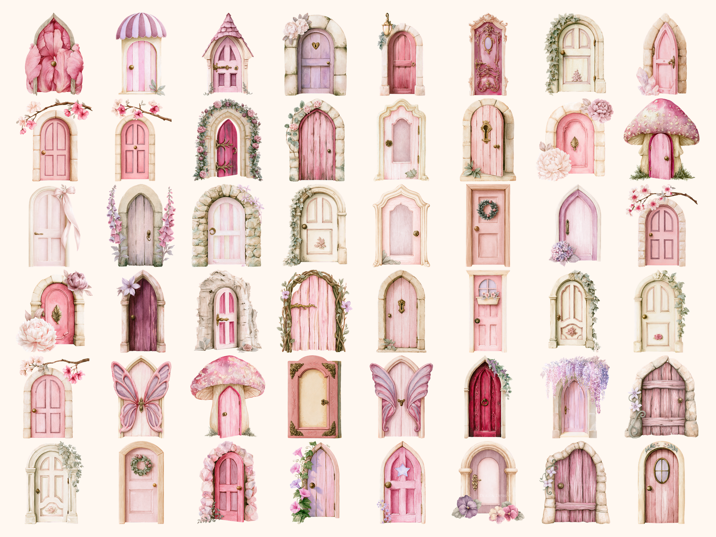 Pink Fairy Doors Watercolor Clipart