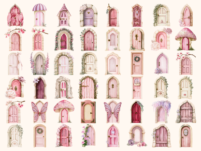 Pink Fairy Doors Watercolor Clipart