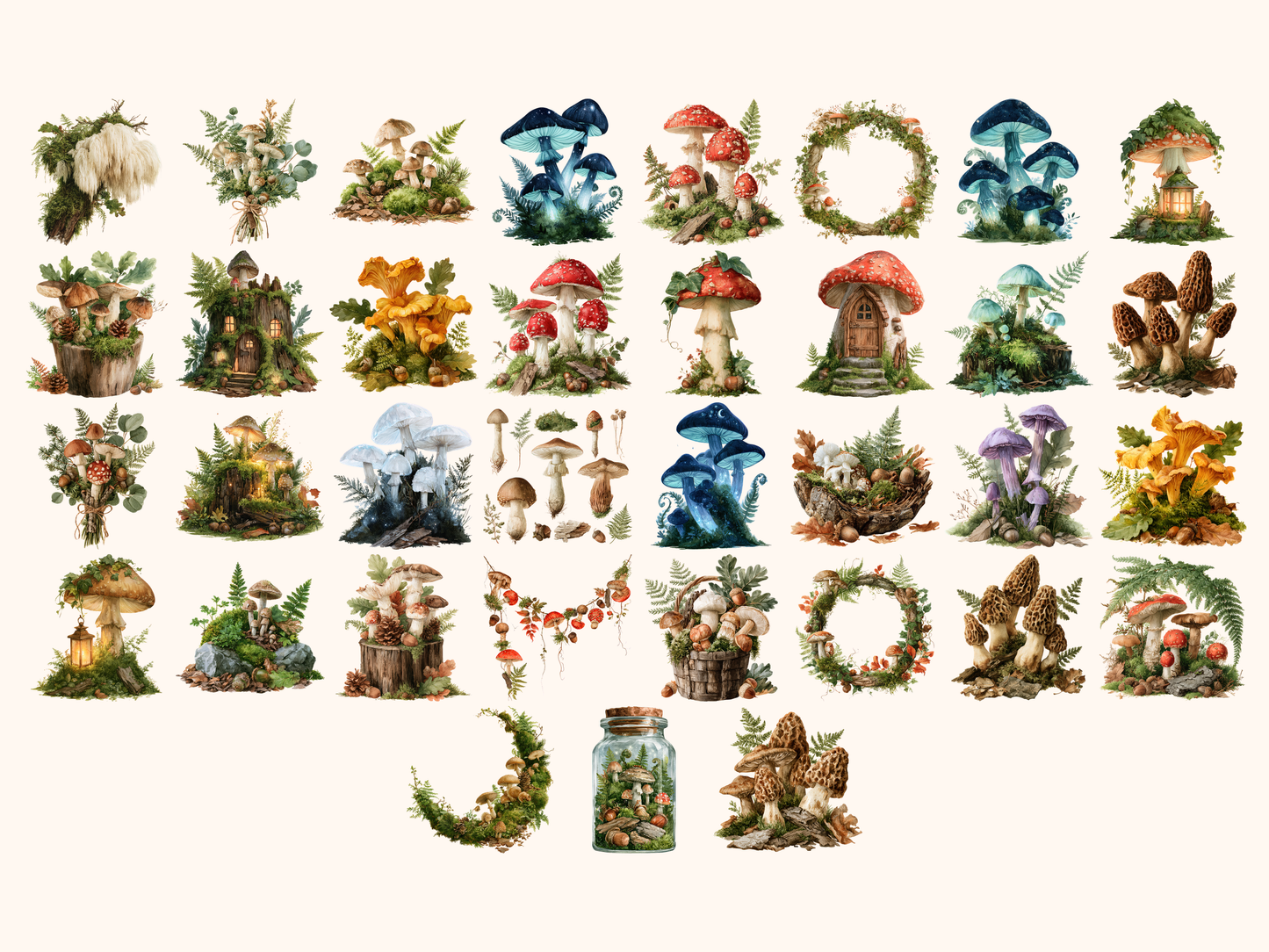 Mushroom Forest Watercolor Clipart