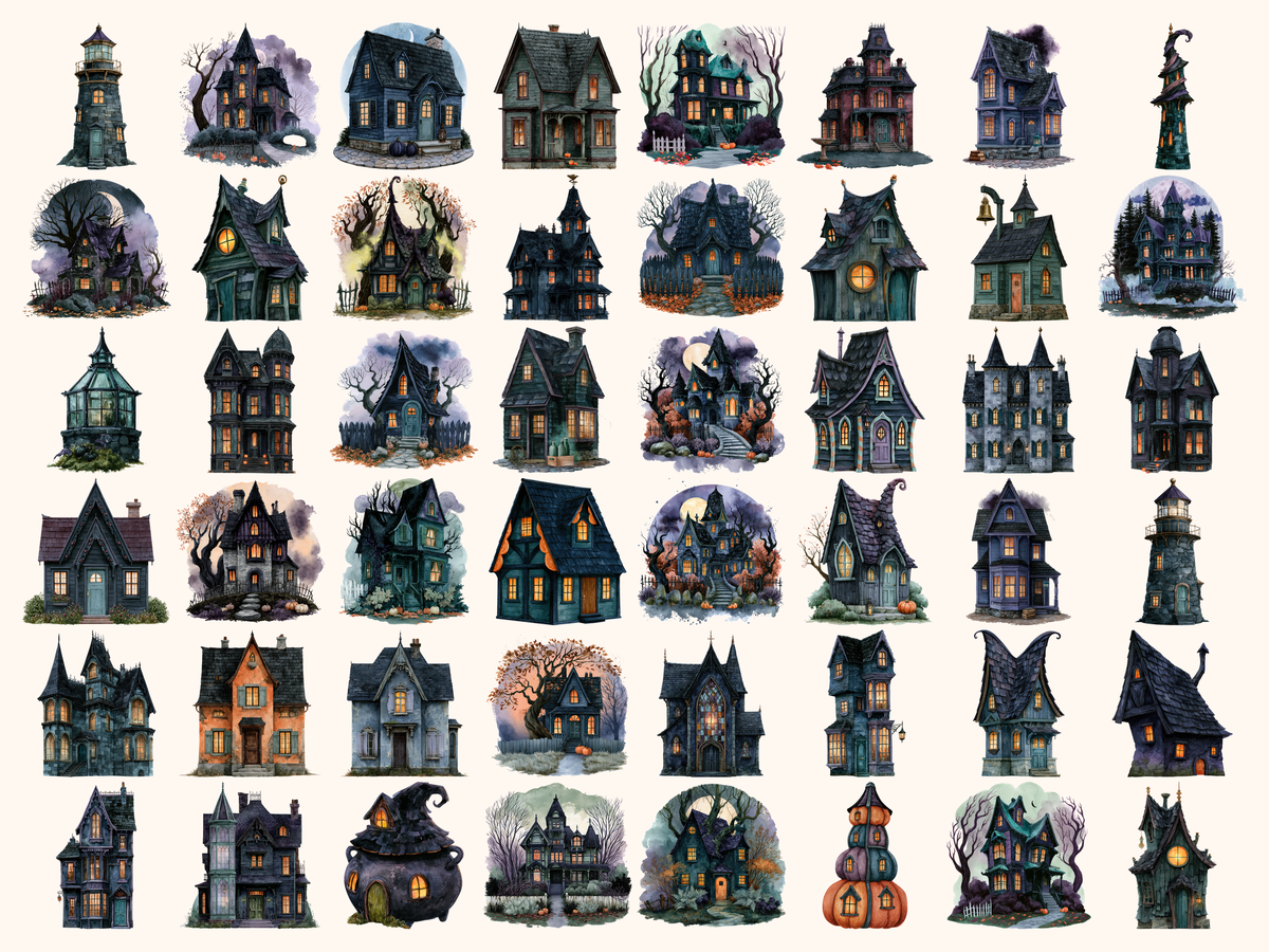 Halloween Houses Watercolor Clipart