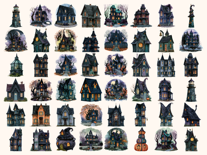 Halloween Houses Watercolor Clipart