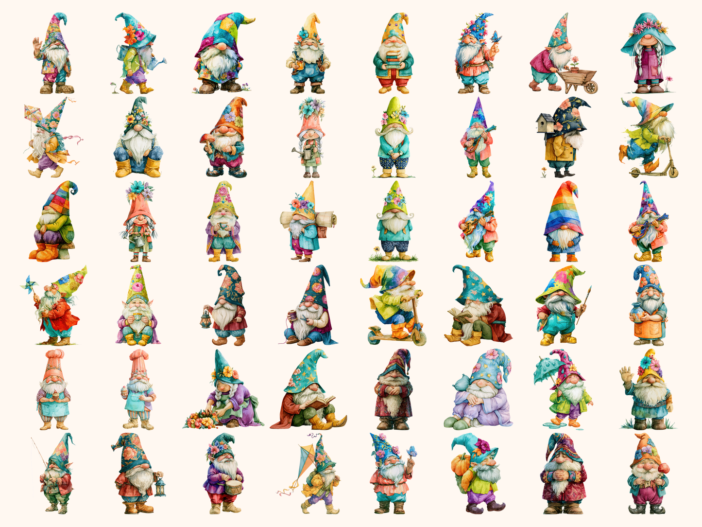 Colorful Gnomes Watercolor Clipart