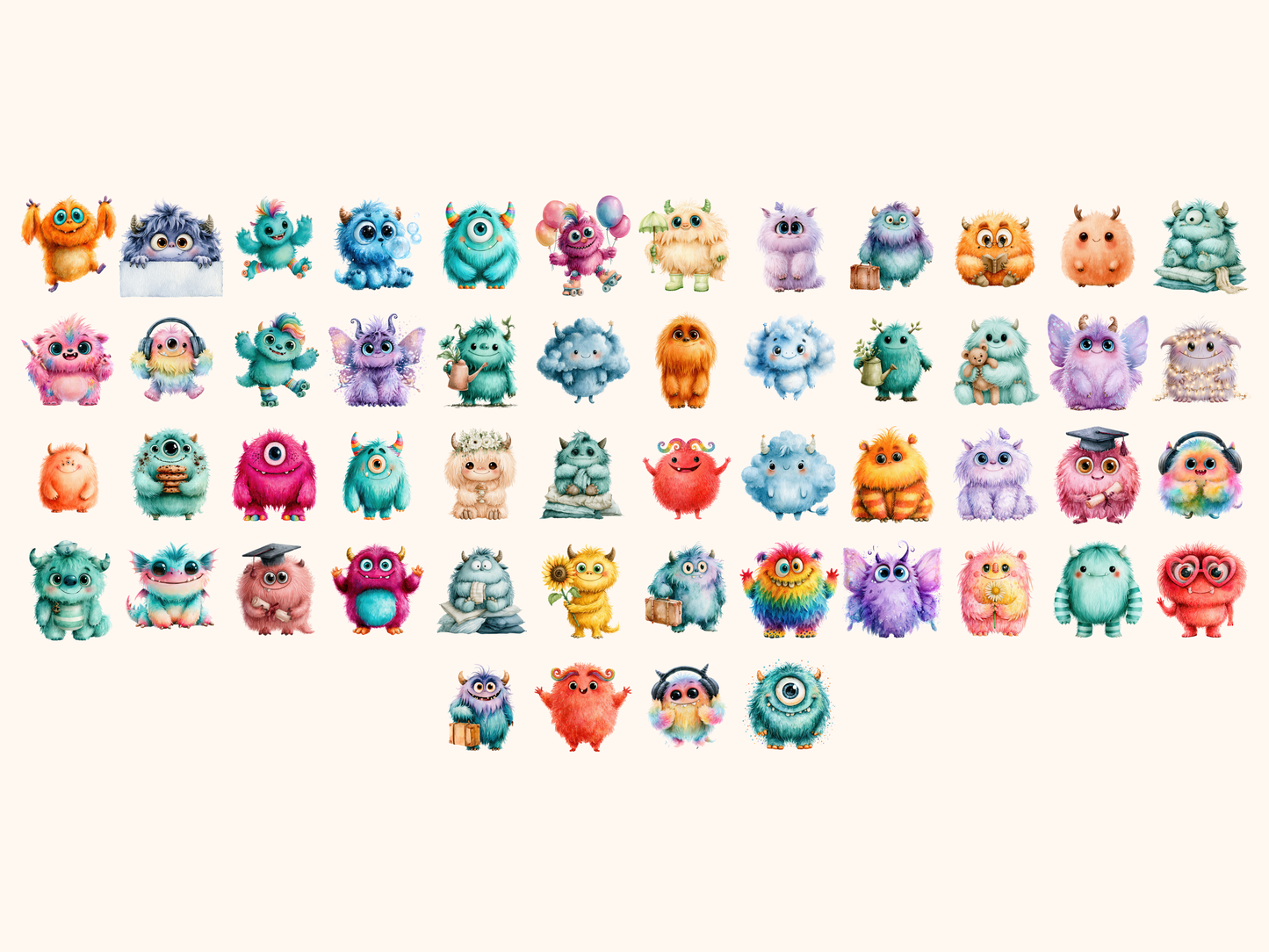 Fluffy Monsters Watercolor Clipart