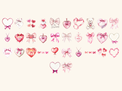 Bow Hearts Watercolor Clipart
