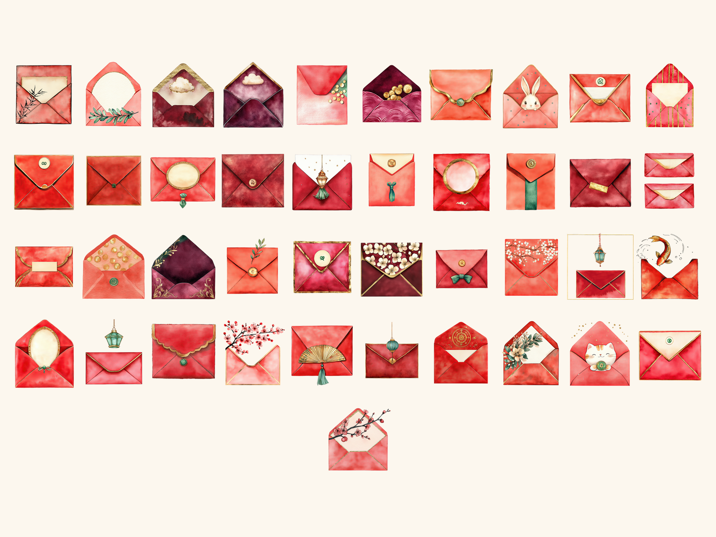 Red Envelopes Watercolor Clipart