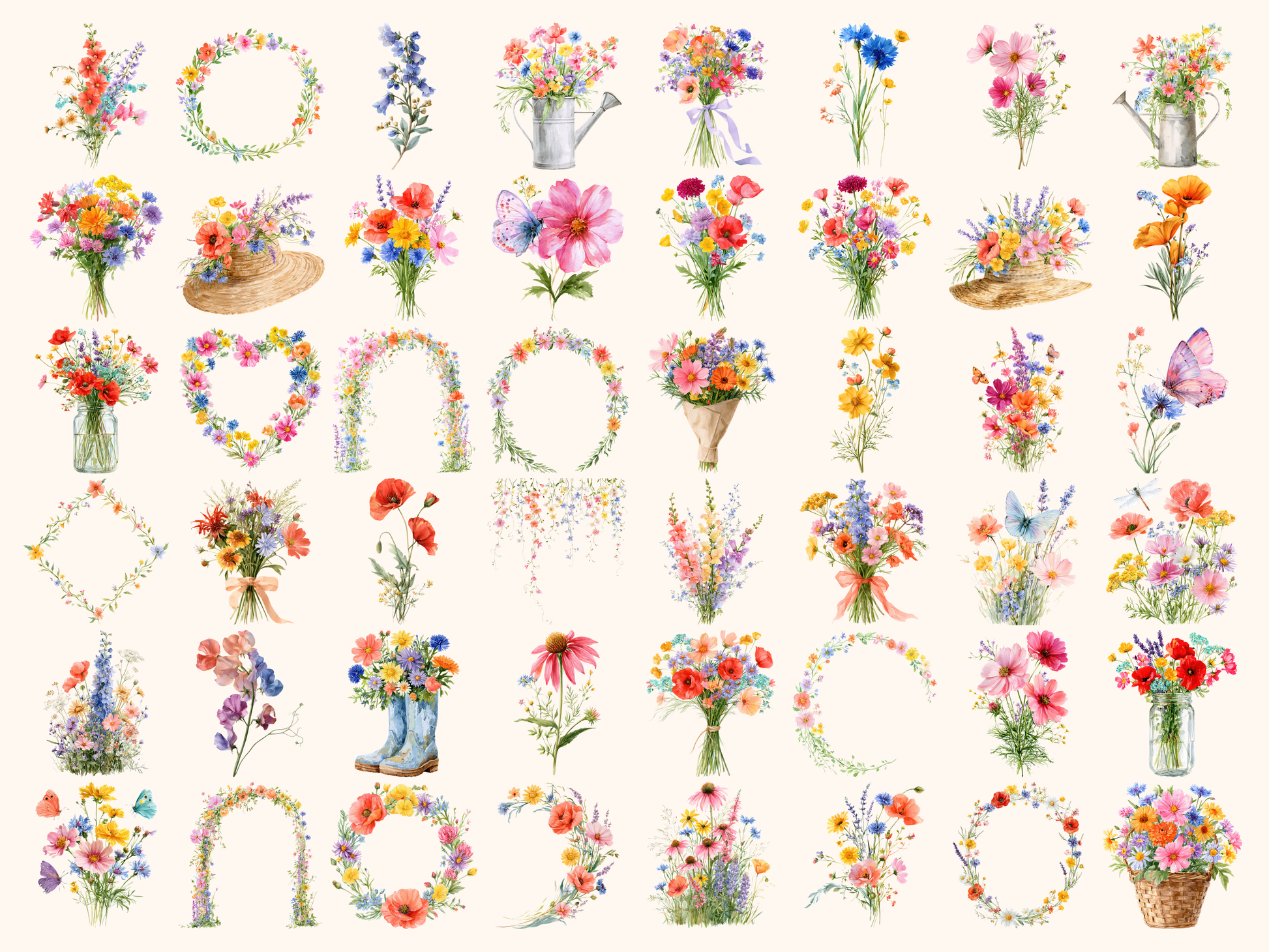 Rainbow Wildflowers Watercolor Clipart