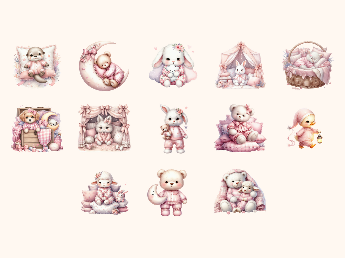 Pink Pajama Party Animals Clipart