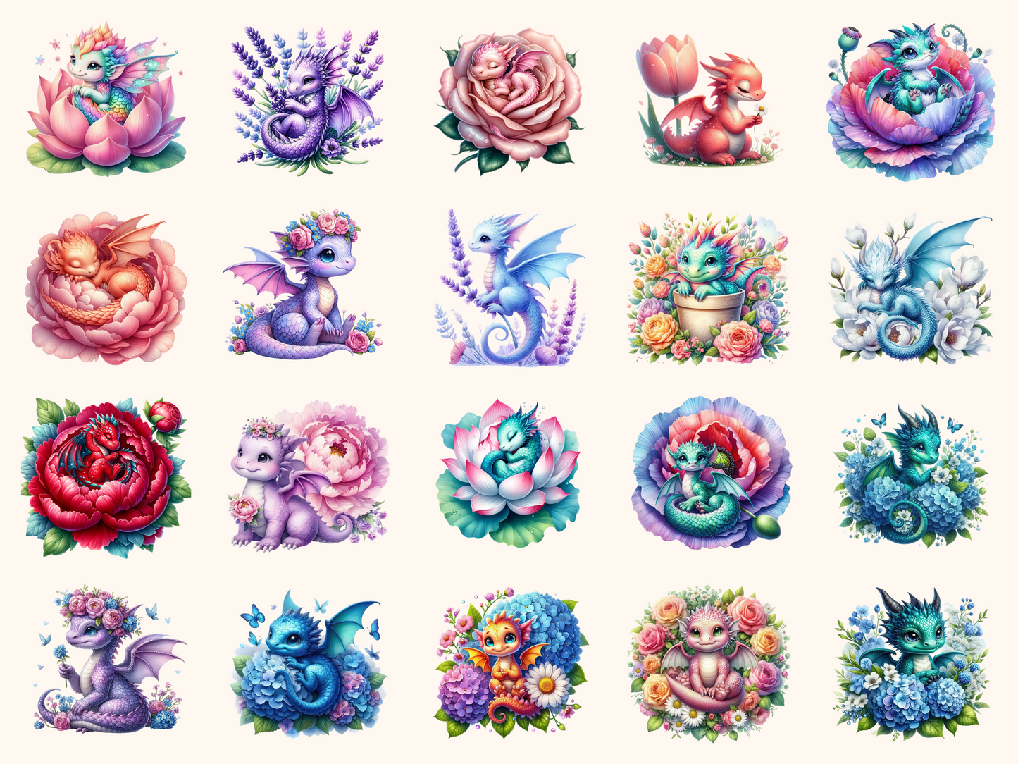 Floral Baby Dragons Clipart