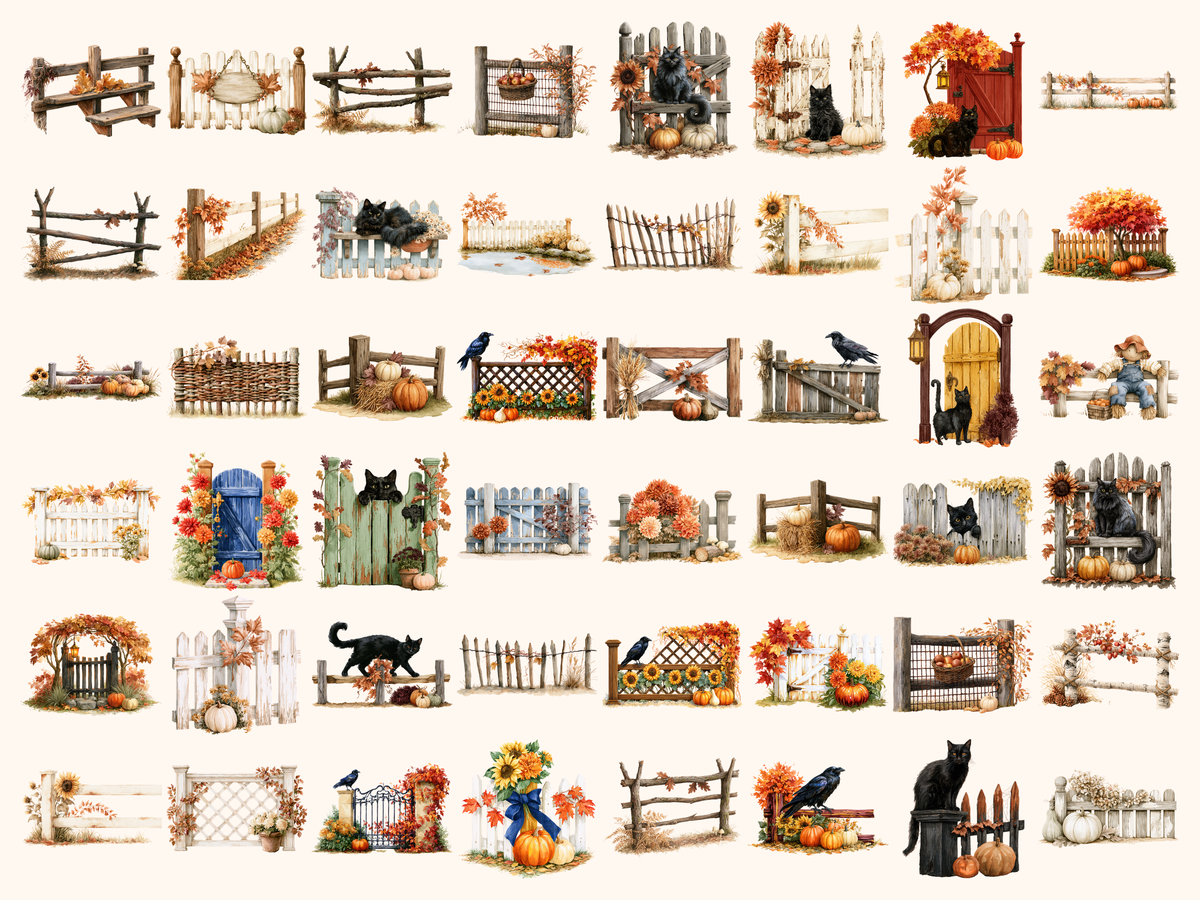 Autumn Fences Watercolor Clipart