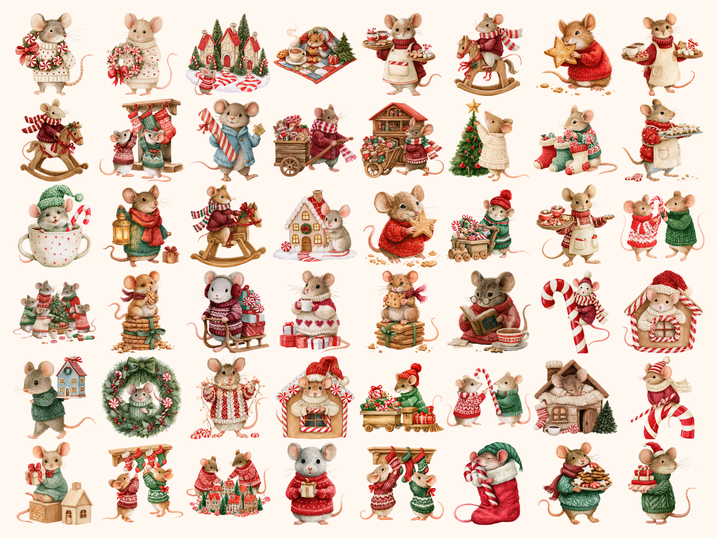 Merry Mouse Christmas Watercolor Clipart