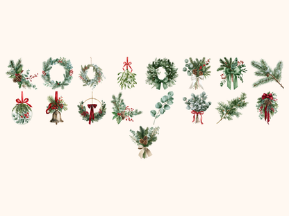 Winter Greenery Watercolor Clipart