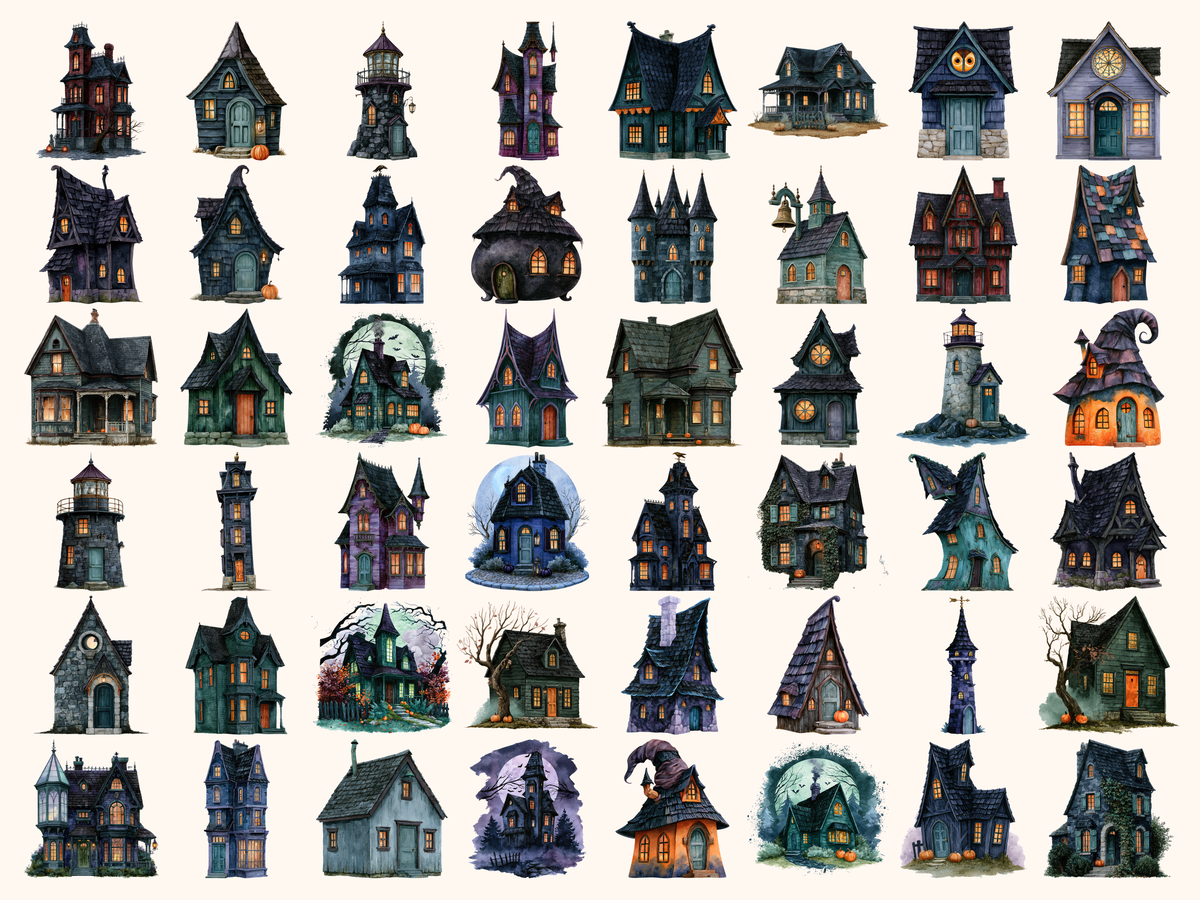 Halloween Houses Watercolor Clipart