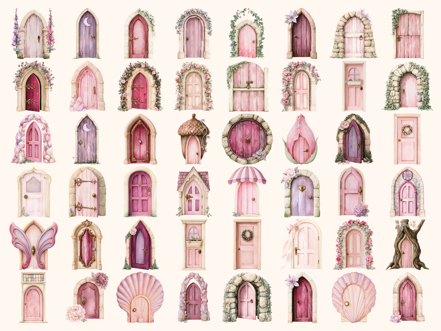 Pink Fairy Doors Watercolor Clipart