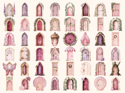 Pink Fairy Doors Watercolor Clipart