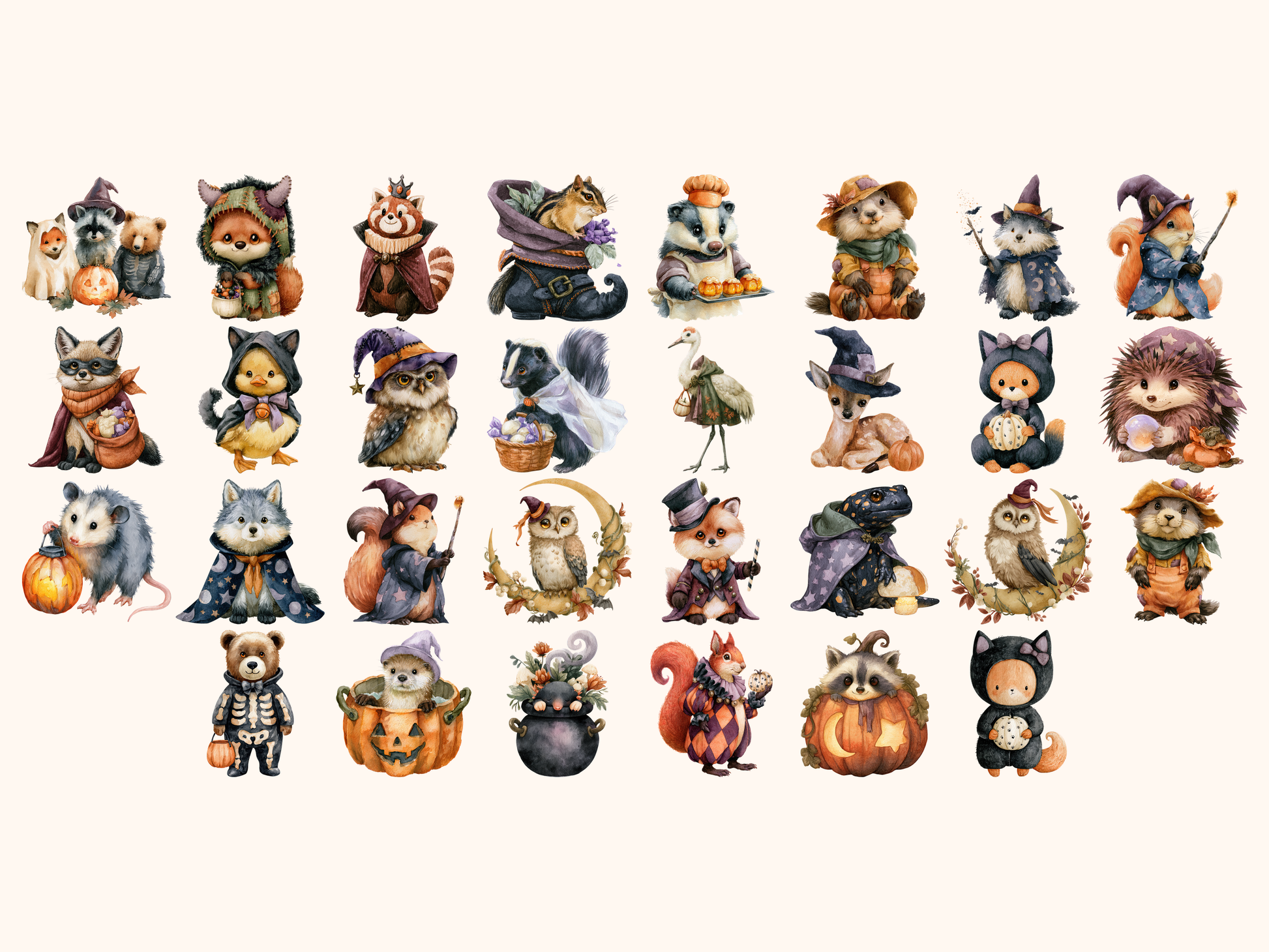 Halloween Woodland Animals Watercolor Clipart