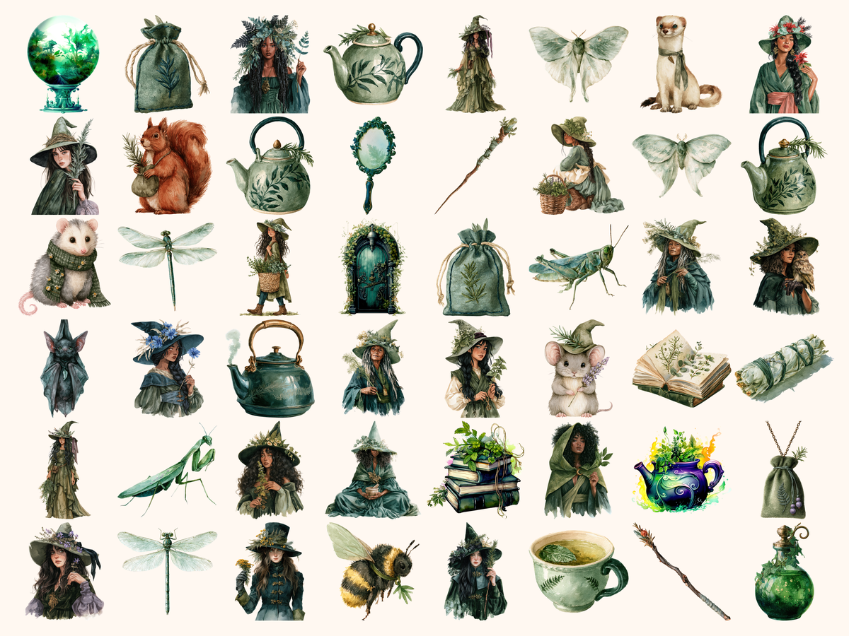 Herbal Witches Watercolor Clipart