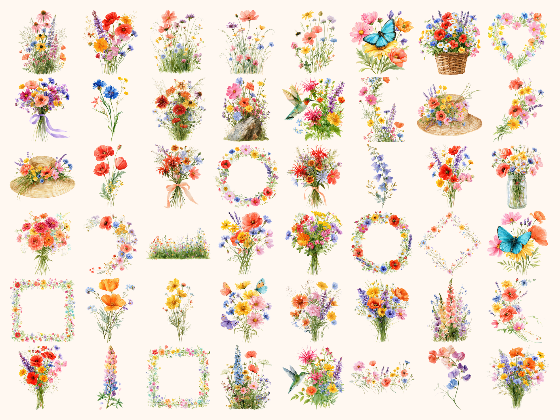 Rainbow Wildflowers Watercolor Clipart