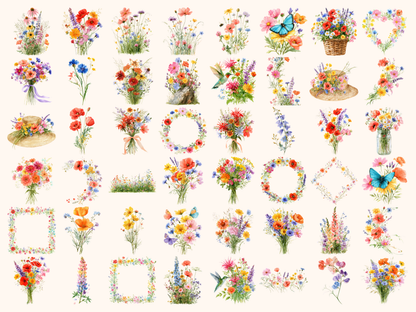 Rainbow Wildflowers Watercolor Clipart