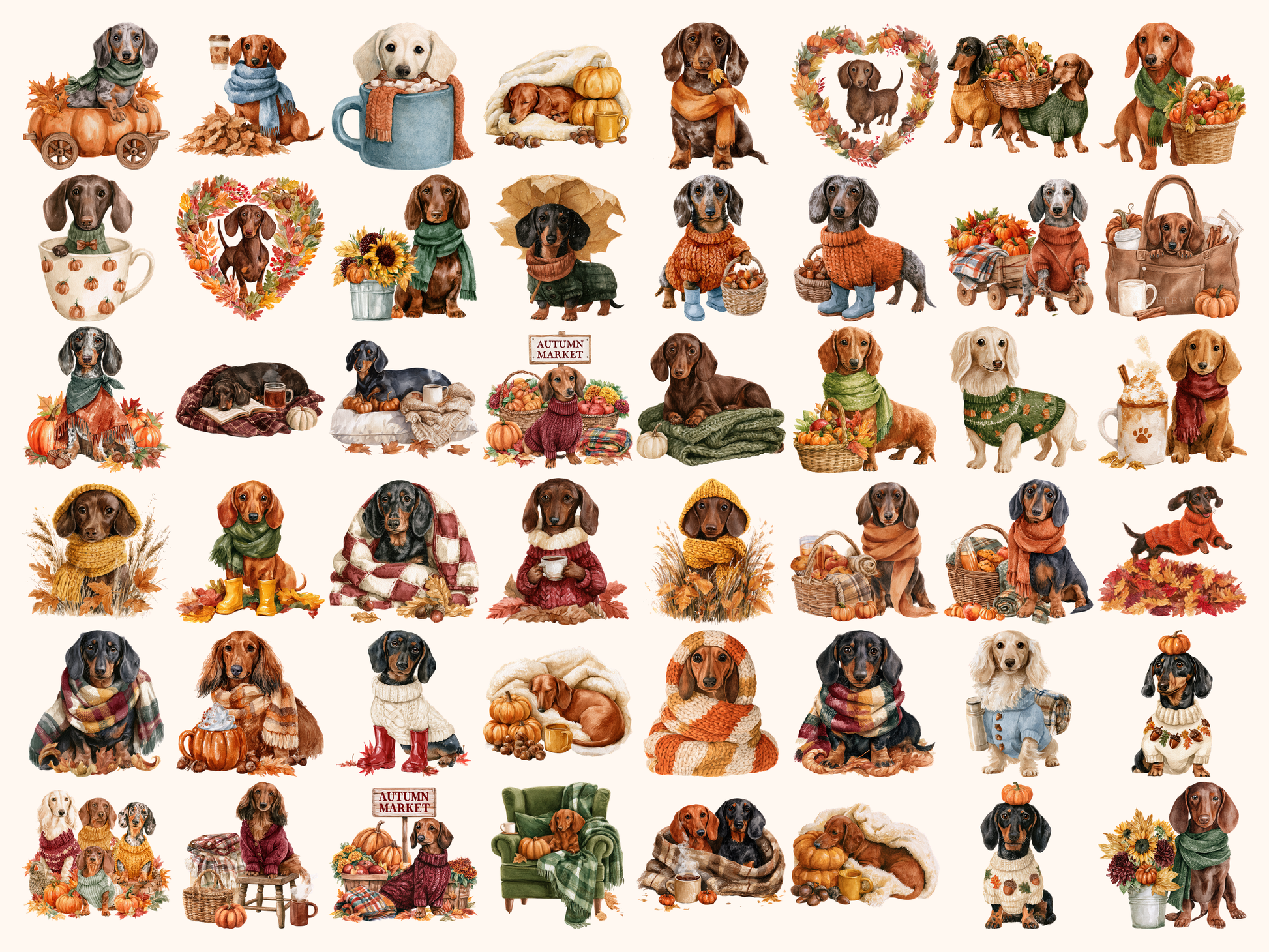 Cozy Dachshund Fall Watercolor Clipart