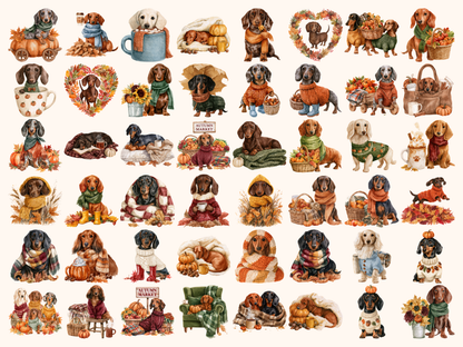 Cozy Dachshund Fall Watercolor Clipart