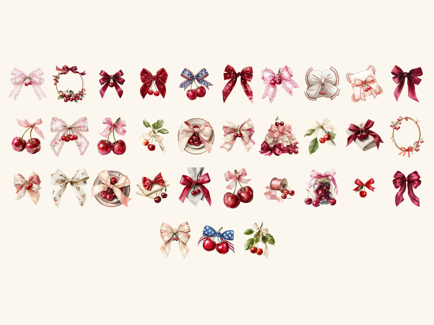 Cherry Bows Watercolor Clipart