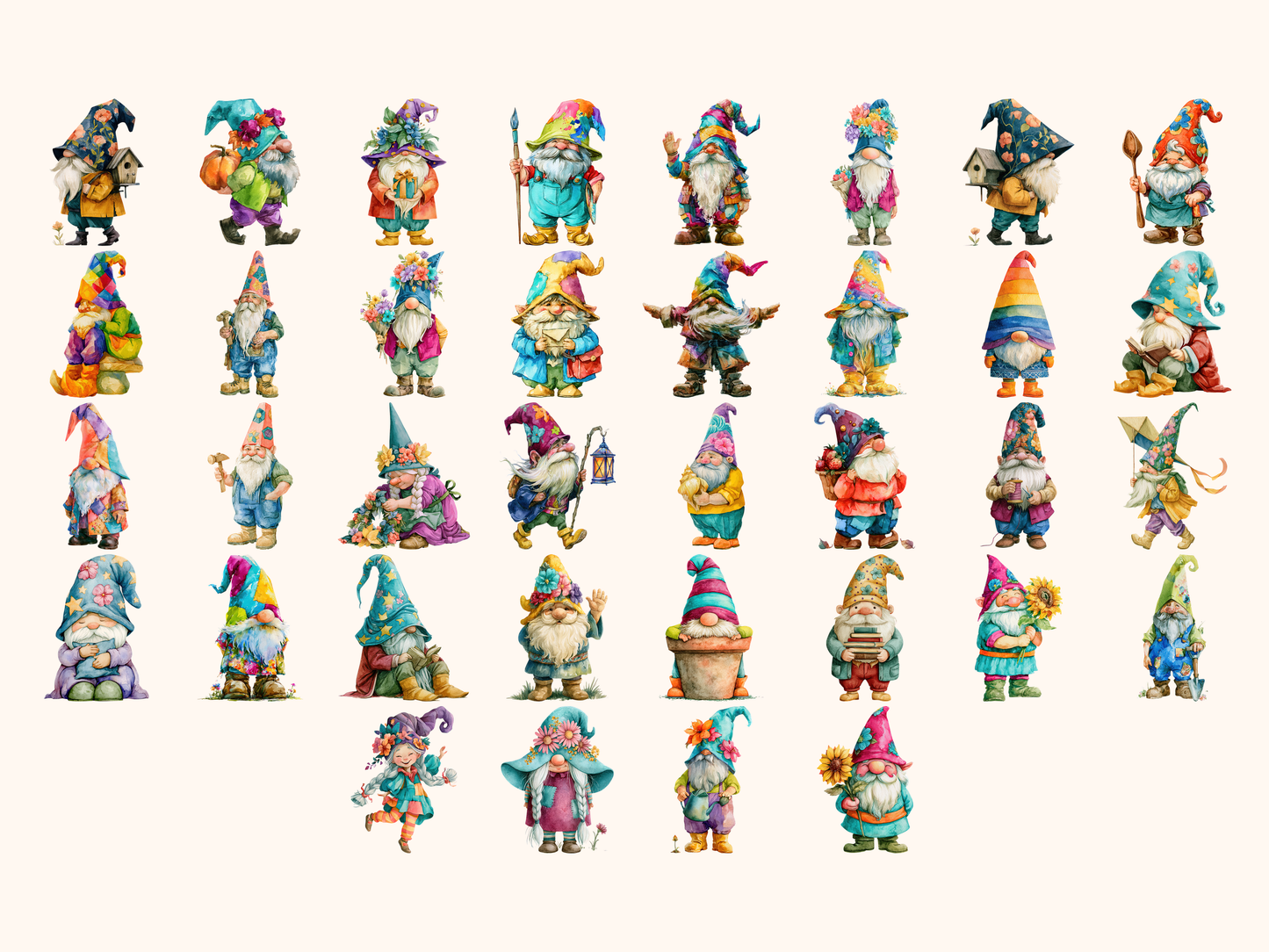 Colorful Gnomes Watercolor Clipart