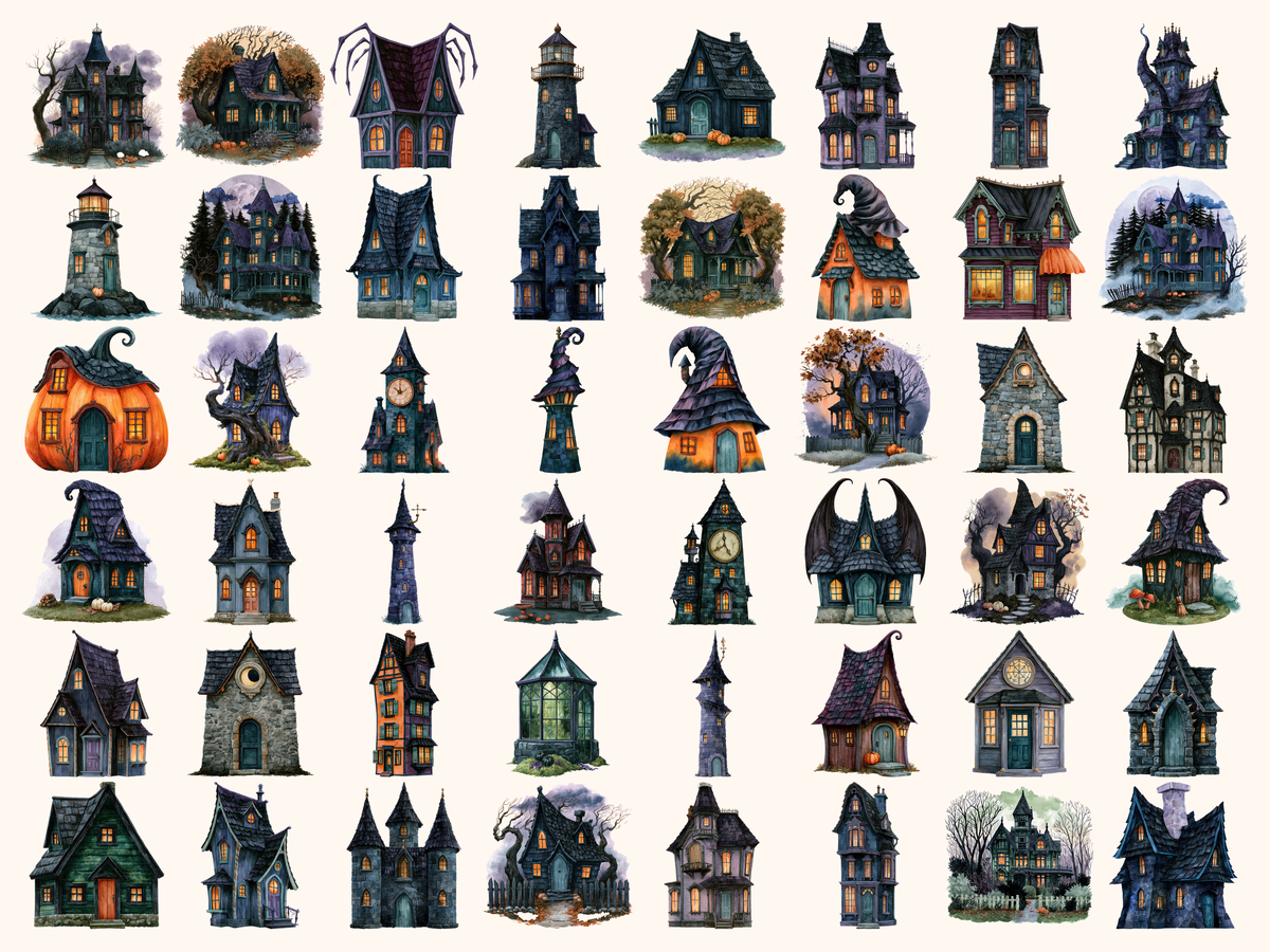 Halloween Houses Watercolor Clipart
