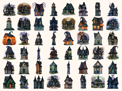 Halloween Houses Watercolor Clipart