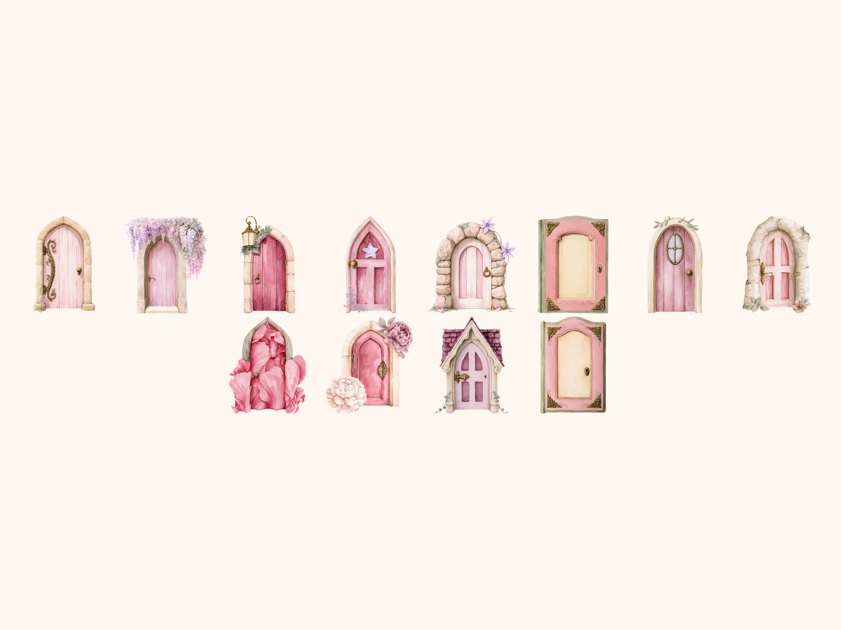 Pink Fairy Doors Watercolor Clipart