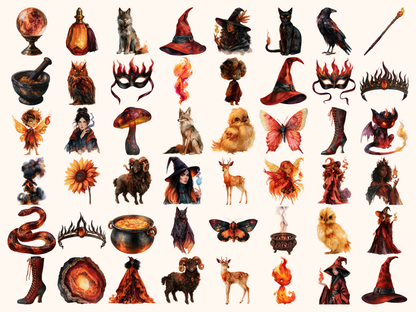 Fire Witches Watercolor Clipart