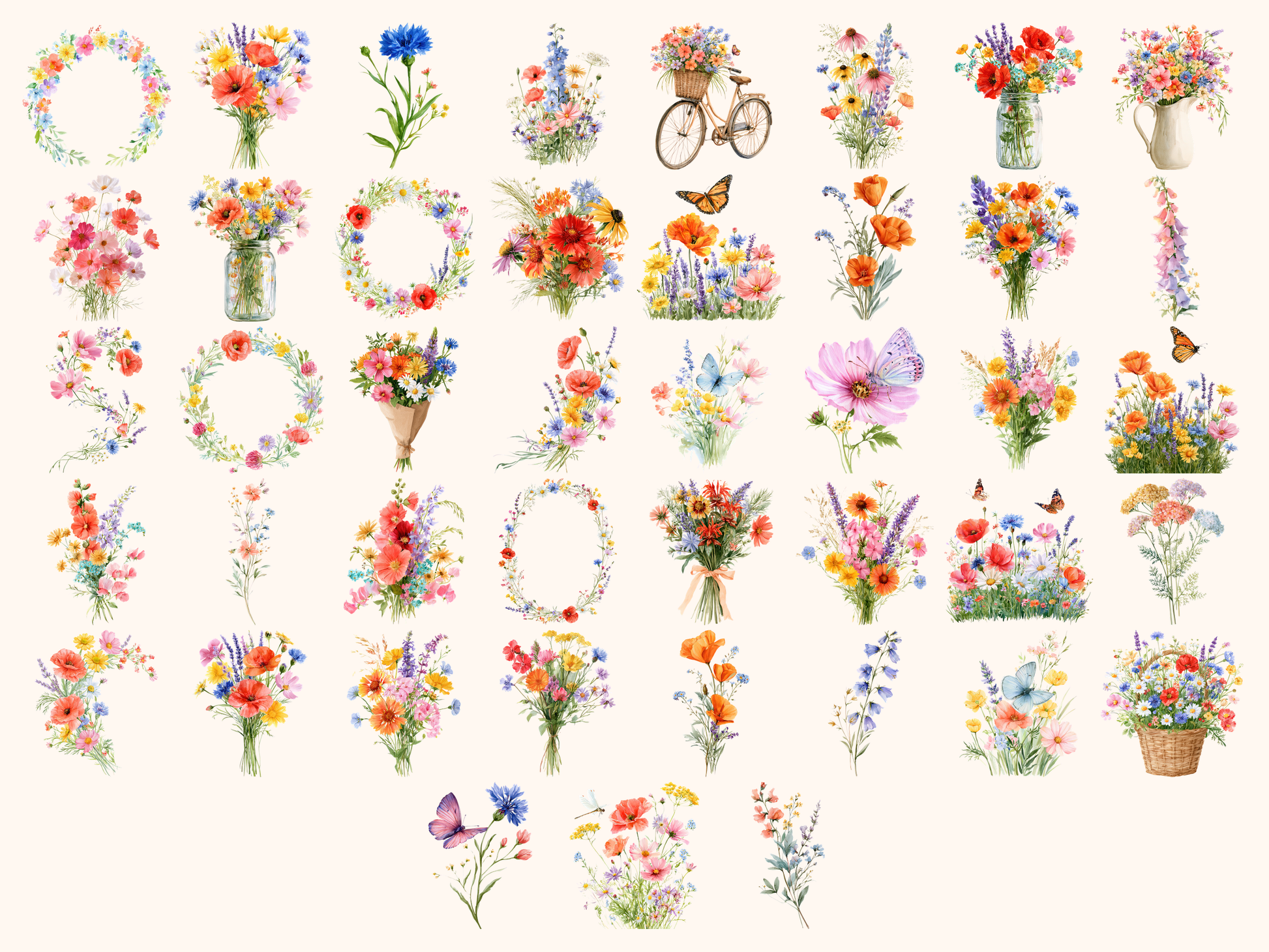 Rainbow Wildflowers Watercolor Clipart